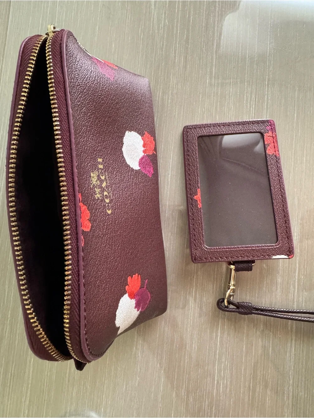 Coach Burgundy Floral Leather Cosmetic Pouch with Matching ID Holder
